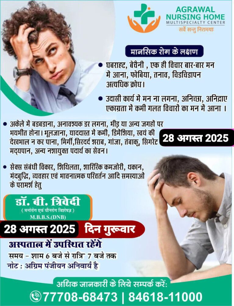 मस्तिष्क रोग विशेषज्ञ डॉ बी त्रिवेदी 28 अगस्त को अग्रवाल नर्सिंग होम बसना में उपलब्ध रहेंगे