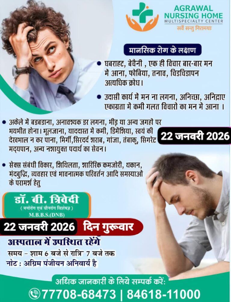 मस्तिष्क रोग विशेषज्ञ डॉ बी त्रिवेदी 22 जनवरी को अग्रवाल नर्सिंग होम बसना में उपलब्ध रहेंगे