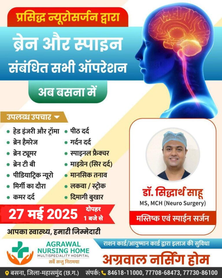 प्रसिद्ध न्यूरोसर्जन डॉक्टर सिद्धार्थ साहू आज 27 मई को उपलब्ध रहेंगे अग्रवाल नर्सिंग होम बसना में