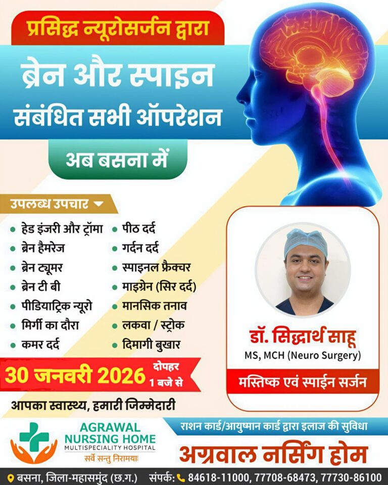 प्रसिद्ध न्यूरोसर्जन डॉक्टर सिद्धार्थ साहू आज 30 जनवरी को उपलब्ध रहेंगे अग्रवाल नर्सिंग होम बसना में