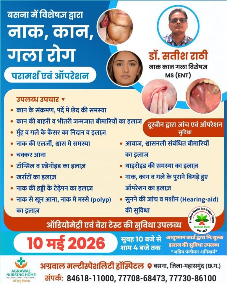 नाक कान गला रोग विशेषज्ञ डॉ. सतीश राठी 10 मई को अग्रवाल नर्सिंग होम बसना में रहेंगे उपलब्ध