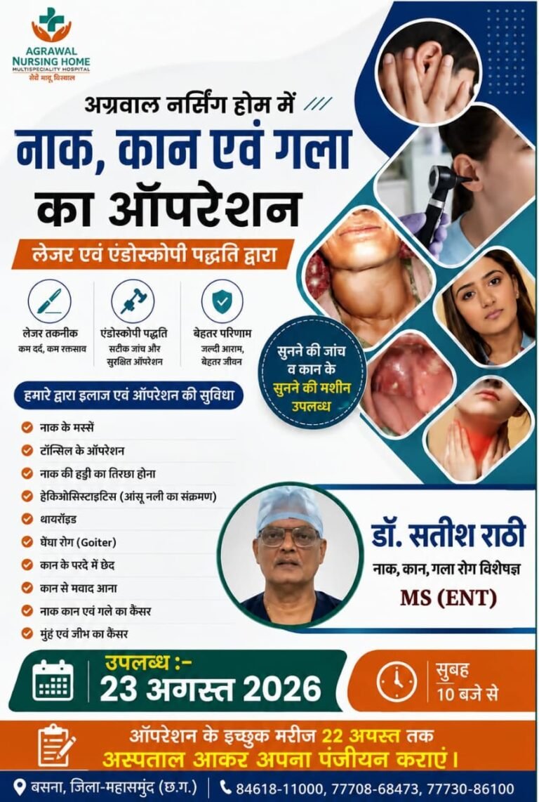 नाक कान गला रोग विशेषज्ञ डॉ. सतीश राठी आज 23 अगस्त को अग्रवाल नर्सिंग होम बसना में रहेंगे उपलब्ध
