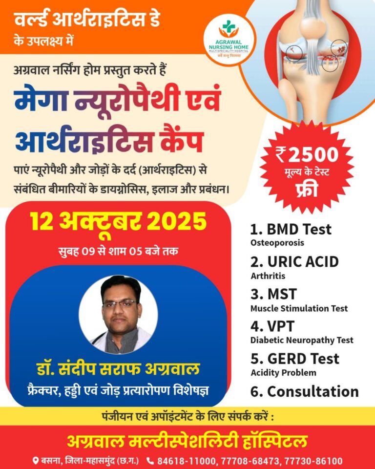 हड्डी जोड़ प्रत्यारोपण विशेषज्ञ डॉ संदीप सराफ अग्रवाल प्रतिदिन बसना में उपलब्ध रहेंगे