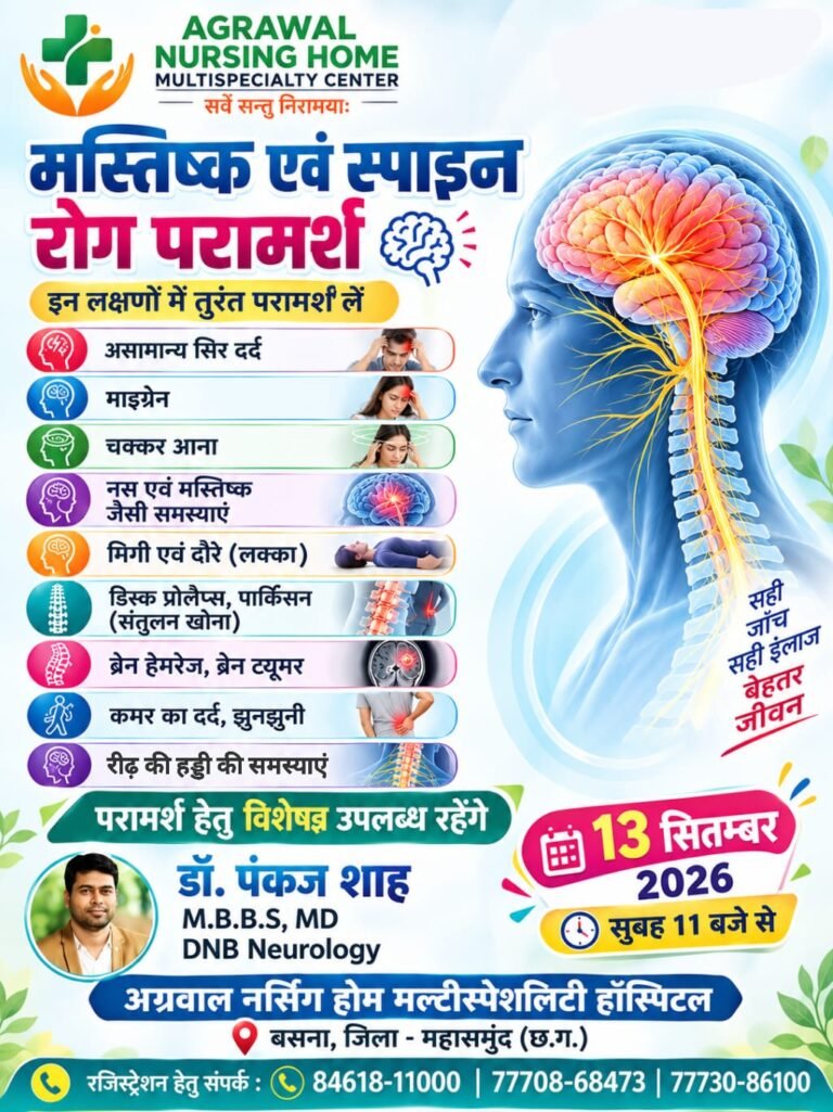 मस्तिष्क एवं स्पाइन रोग परामर्श हेतु विशेषज्ञ, डॉ पंकज शाह आज 13 सितंबर को अग्रवाल नर्सिंग होम बसना में उपलब्ध रहेंगे