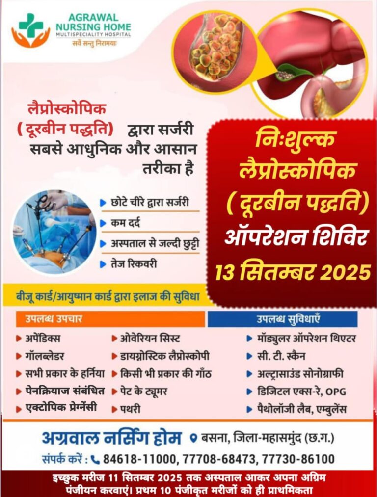 निःशुल्क लेप्रोस्कोपिक ऑपरेशन शिविर अग्रवाल नर्सिंग होम बसना में 13 को