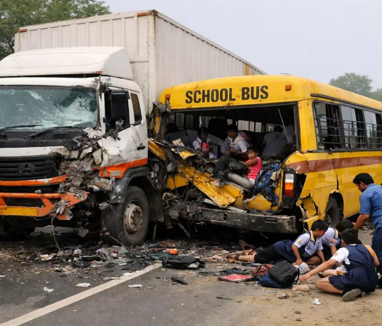बच्चों से भरी स्कूल बस को ट्रक ने मारी जोरदार टक्कर, मची अफरा-तफरी