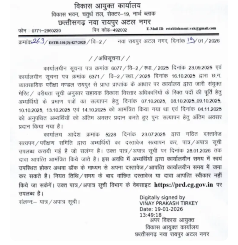 सहायक विकास विस्तार अधिकारी के पात्र अभ्यार्थियों की सूची जारी, 28 जनवरी तक कर सकते हैं दावा आपत्ति