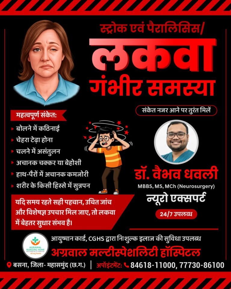 स्ट्रोक एवं पैरालिसिस/लकवा गंभीर समस्या के लिए प्रतिदिन जांच एवं परामर्श  अग्रवाल नर्सिंग होम बसना में