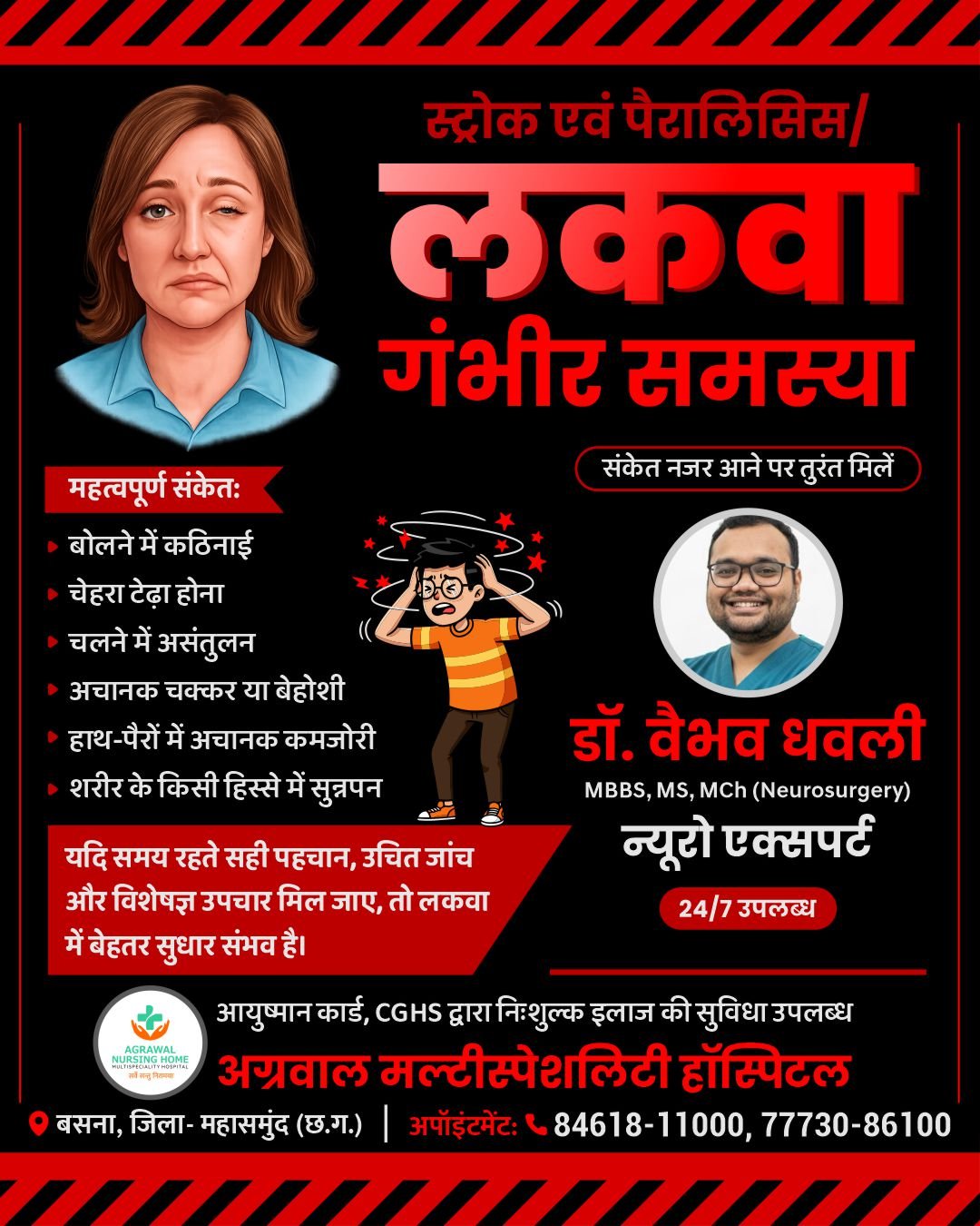 स्ट्रोक एवं पैरालिसिस/लकवा गंभीर समस्या के लिए प्रतिदिन जांच एवं परामर्श  अग्रवाल नर्सिंग होम बसना में