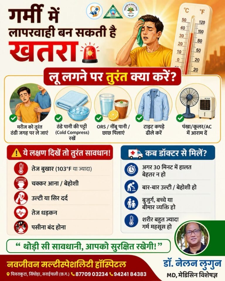 गर्मी में लापरवाही बन सकती है खतरा लू लगने पर तुरंत क्या करें? नवजीवन हॉस्पिटल में संपूर्ण ईलाज एवं परामर्श