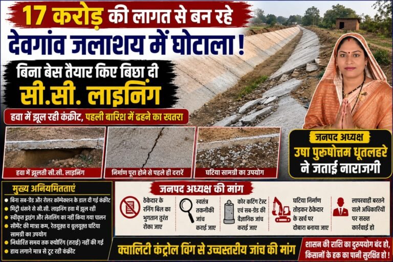 17 करोड़ की लागत से बन रहे देवगांव जलाशय बिना बेस तैयार किए बिछा दी सी.सी. लाइनिंग, हवा में झूल रही कंक्रीट पहली बारिश में ढहने का खतरा, जनपद अध्यक्ष ने जताई नाराजगी 